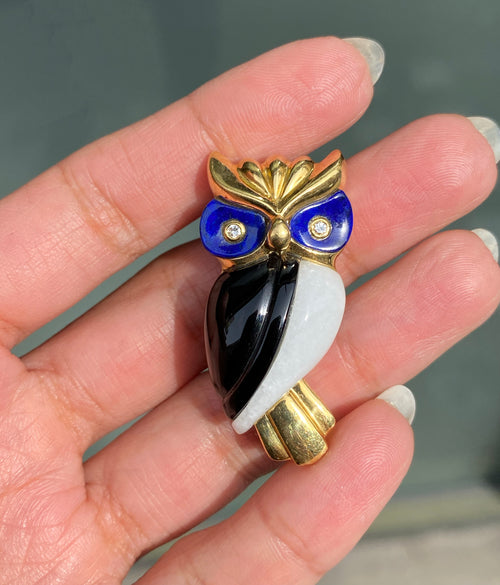 Diamond, Lapis Lazuli, Onyx and Quartz 18 Carat Yellow Gold Owl Brooch