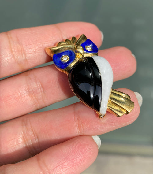 Diamond, Lapis Lazuli, Onyx and Quartz 18 Carat Yellow Gold Owl Brooch