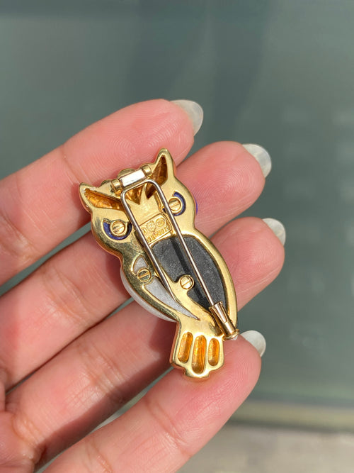 Diamond, Lapis Lazuli, Onyx and Quartz 18 Carat Yellow Gold Owl Brooch