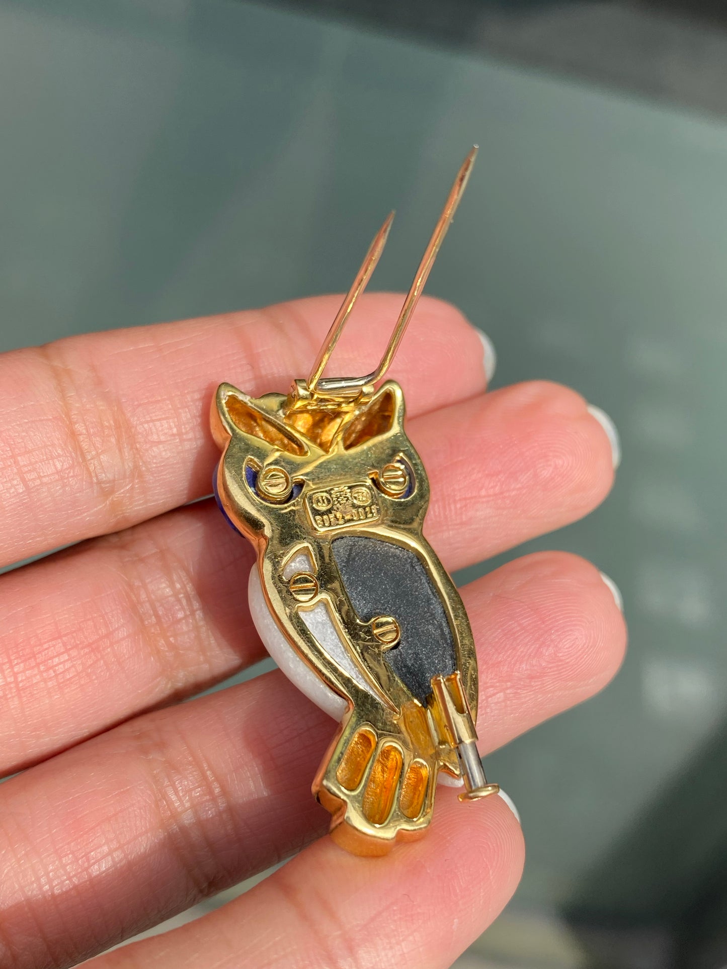 Diamond, Lapis Lazuli, Onyx and Quartz 18 Carat Yellow Gold Owl Brooch
