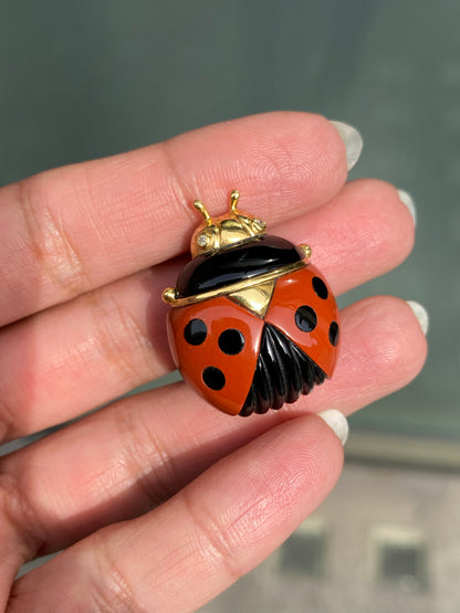 Diamond, Black Onyx and Carnelian 18 Carat Yellow Gold Ladybird Clip Brooch