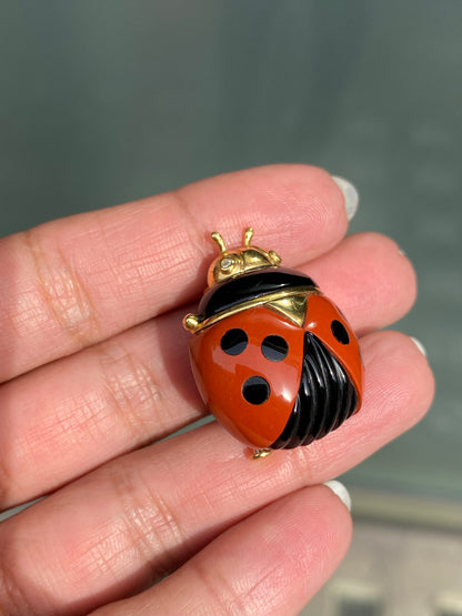 Diamond, Black Onyx and Carnelian 18 Carat Yellow Gold Ladybird Clip Brooch
