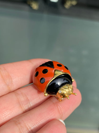 Diamond, Black Onyx and Carnelian 18 Carat Yellow Gold Ladybird Clip Brooch