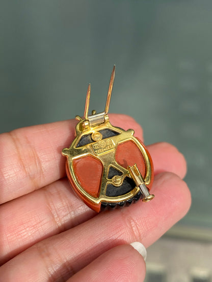 Diamond, Black Onyx and Carnelian 18 Carat Yellow Gold Ladybird Clip Brooch