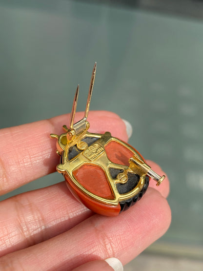 Diamond, Black Onyx and Carnelian 18 Carat Yellow Gold Ladybird Clip Brooch