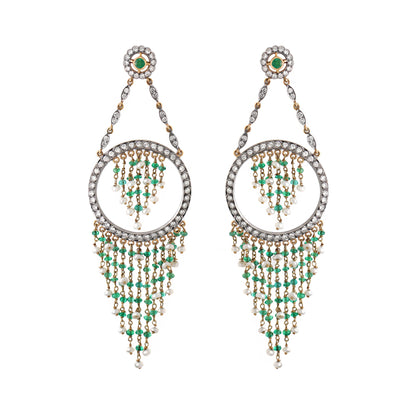 Pearl, Emerald and Diamond 18 Carat Gold Cascade Chandelier Earrings