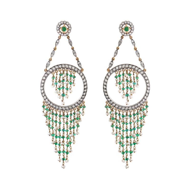 Pearl, Emerald and Diamond 18 Carat Gold Cascade Chandelier Earrings