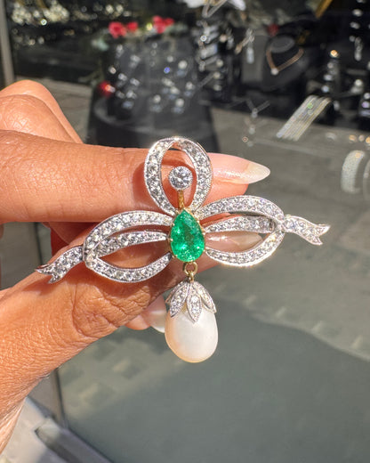 Vintage Diamond, Emerald and Freshwater Pearl Ribbon Bow Brooch in 18 Carat Gold