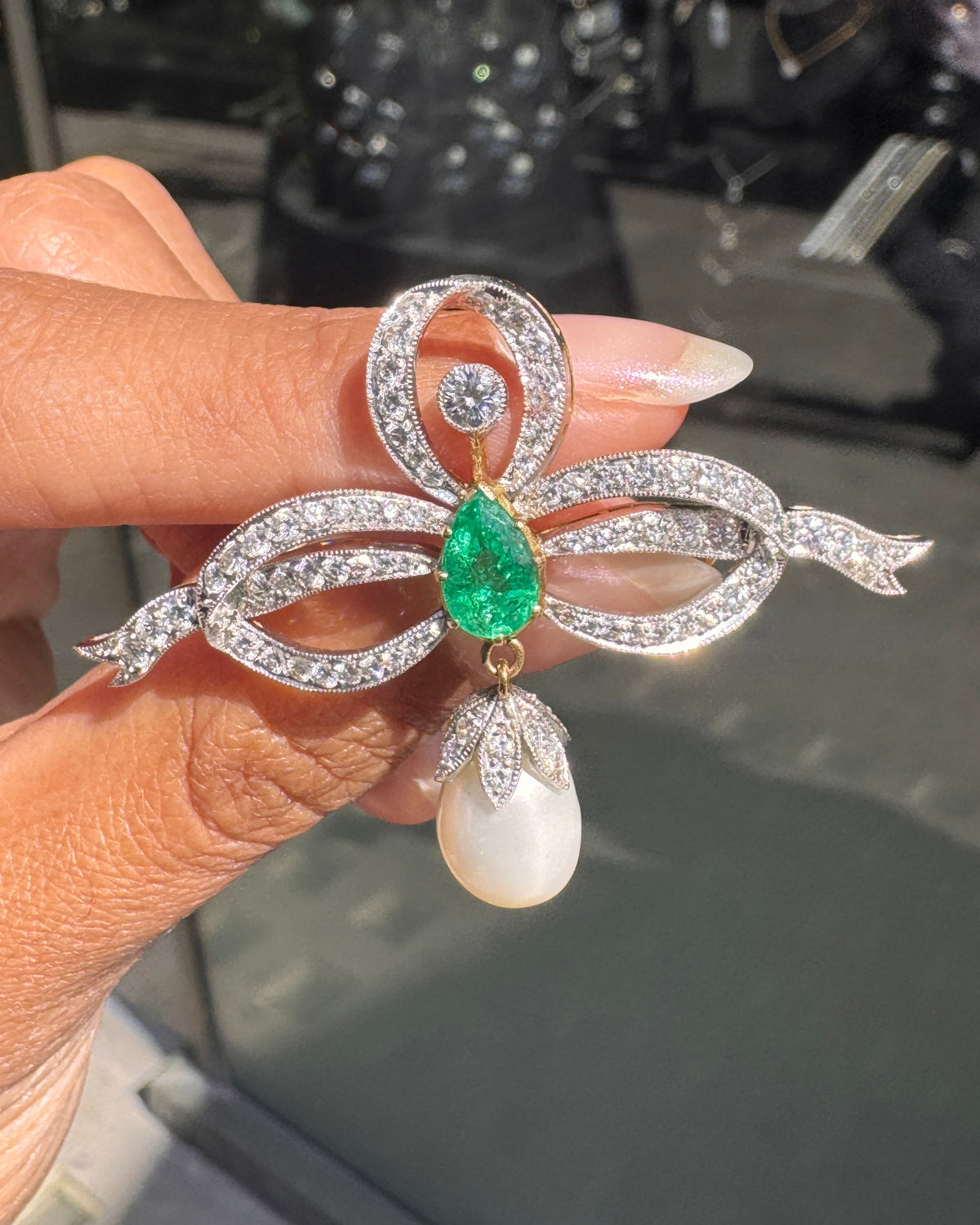 Vintage Diamond, Emerald and Freshwater Pearl Ribbon Bow Brooch in 18 Carat Gold