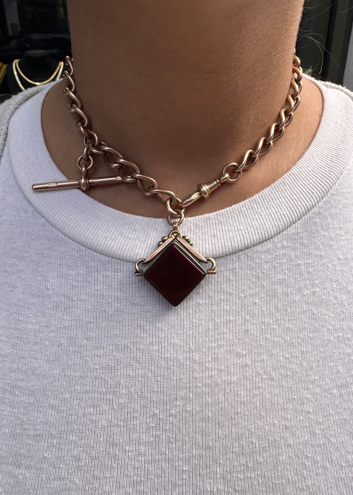 Antique 9K Gold Albert Choker Chain with T-Bar and Swivel Hob, 1900