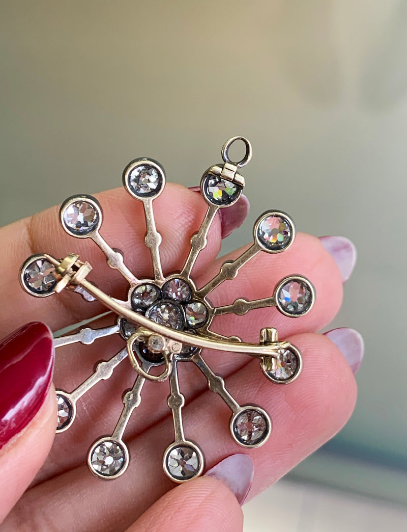 Antique Old Mine Cut Diamond Silver on Gold Brooch and Pendant, Circa 1880