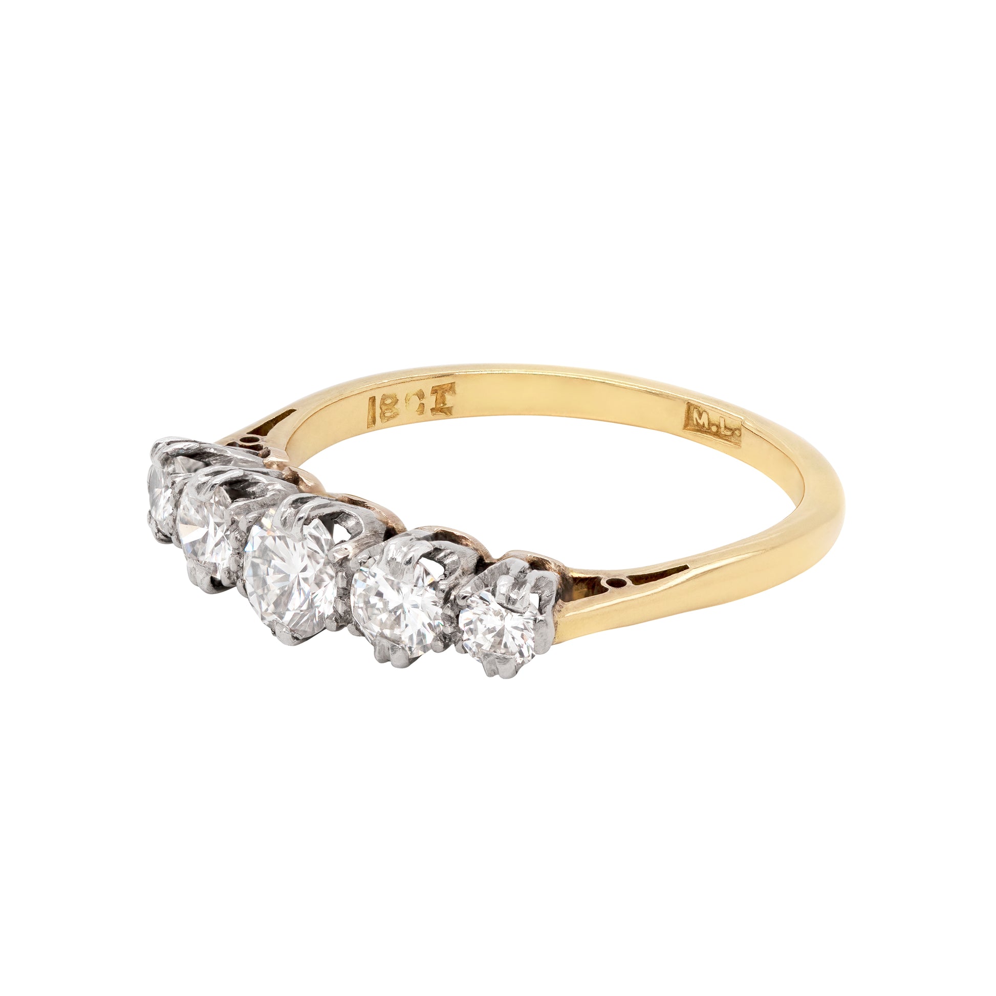 Vintage Five-Stone Diamond Platinum and 18 Carat Yellow Gold Ring - Tobi Gem Setting