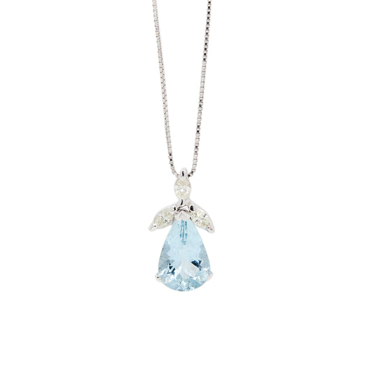 4.04 Carat Pear Shape Aquamarine & Marquise Diamond 18K White Gold Drop Pendant
