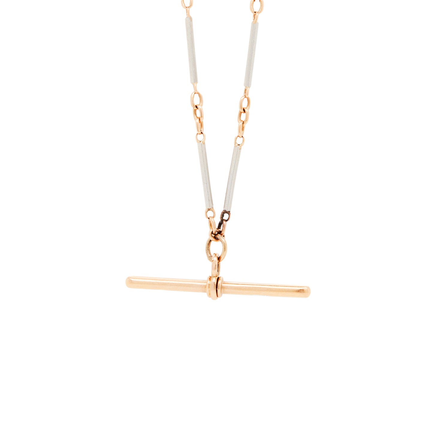 Antique 18 Carat Rose Gold and Platinum Two-Tone Bar Link Chain with T-Bar