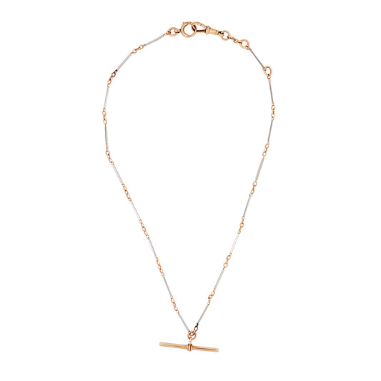 Antique 18 Carat Rose and Platinum Two-Tone Bar Link Chain with T-Bar