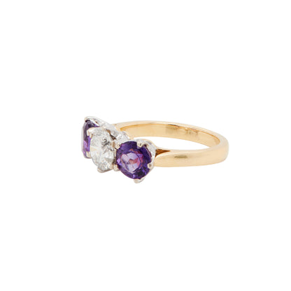 18ct Gold Diamond and Amethyst Three Stone Ring