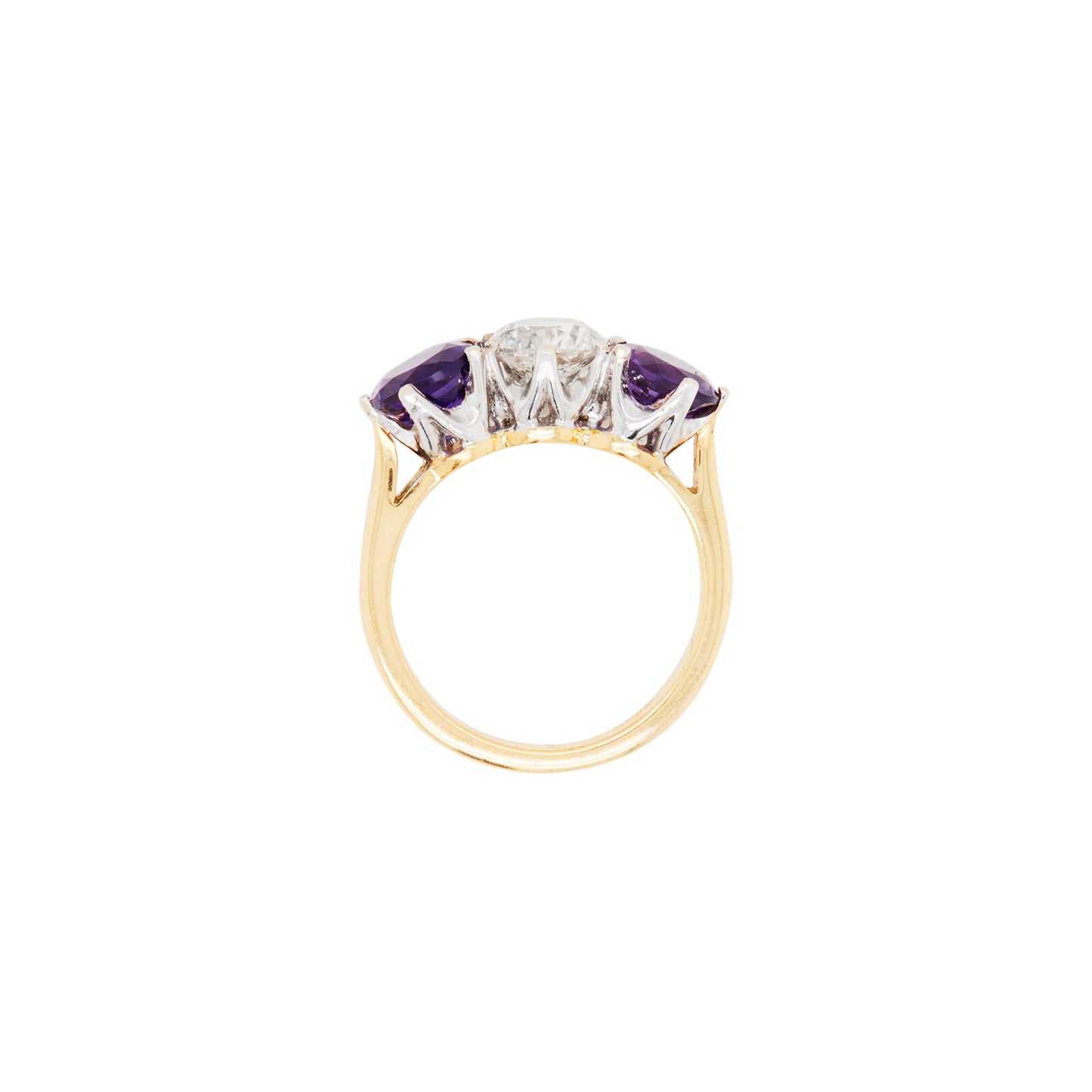 18ct Gold Diamond and Amethyst Three Stone Ring