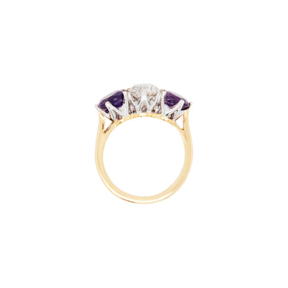 18ct Gold Diamond and Amethyst Three Stone Ring