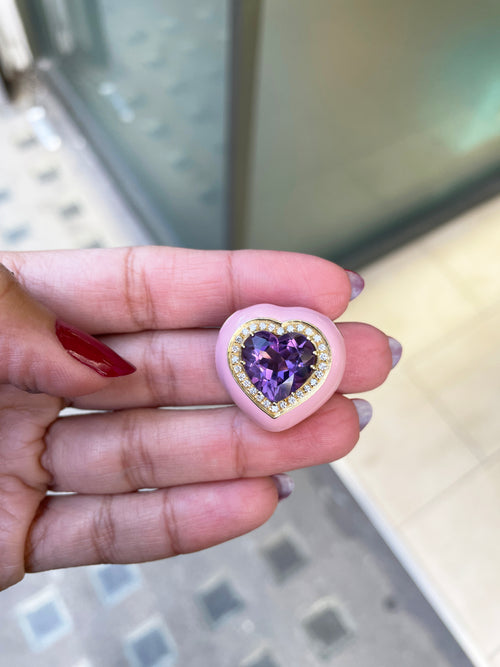 Amethyst, Diamond Pink Enamel 18 Carat Yellow Gold Heart Pendant