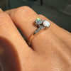 Ring with gemstones on a hand against a blurred background
