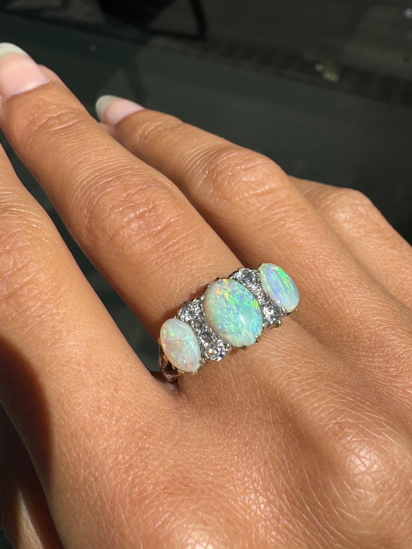 Antique Opal and Old Mine Cut Diamond 18 Carat Gold Three-Stone Ring