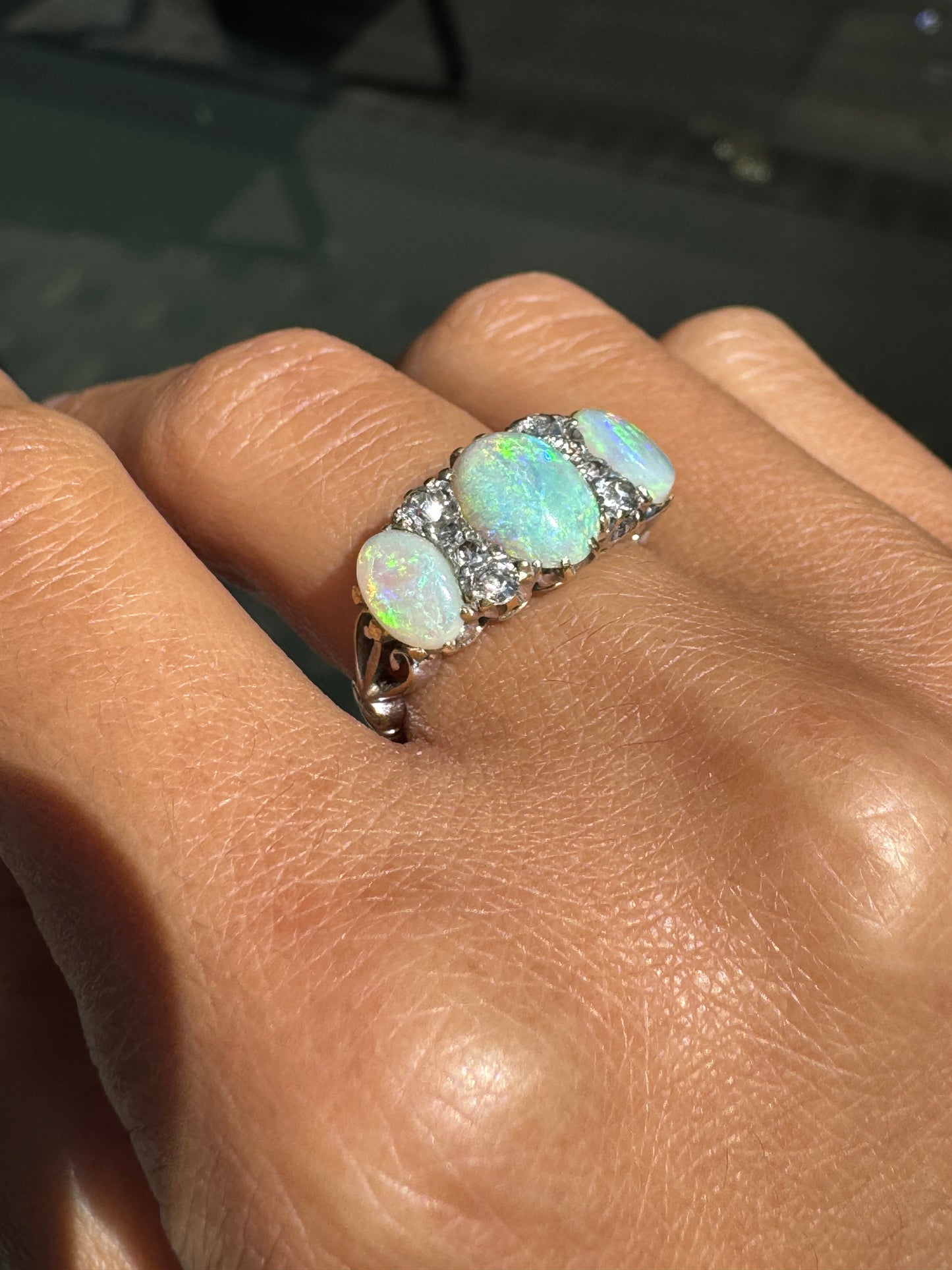 Antique Opal and Old Mine Cut Diamond 18 Carat Gold Three-Stone Ring
