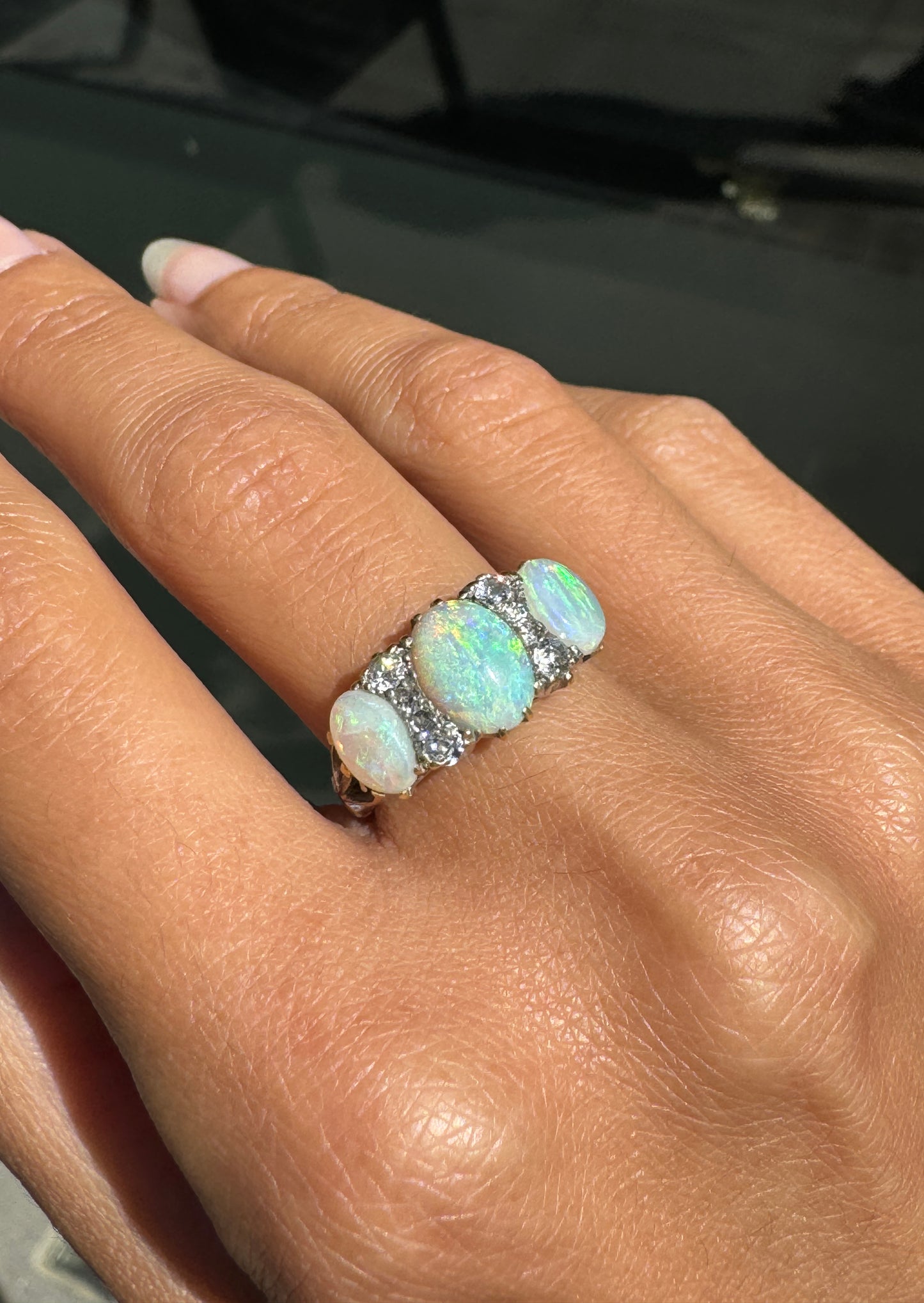 Antique Opal and Old Mine Cut Diamond 18 Carat Gold Three-Stone Ring