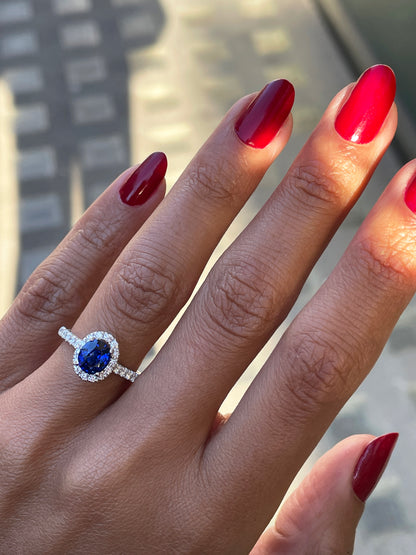 1.20ct Blue Sapphire and Diamond 18 Carat White Gold Halo Engagement Ring