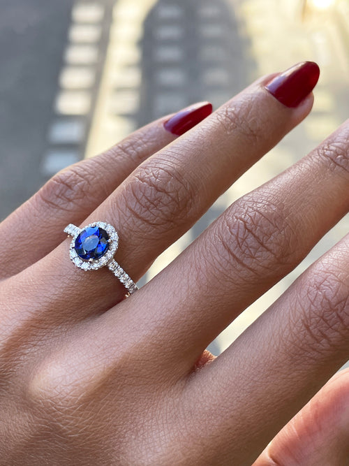1.20ct Blue Sapphire and Diamond 18 Carat White Gold Halo Engagement Ring