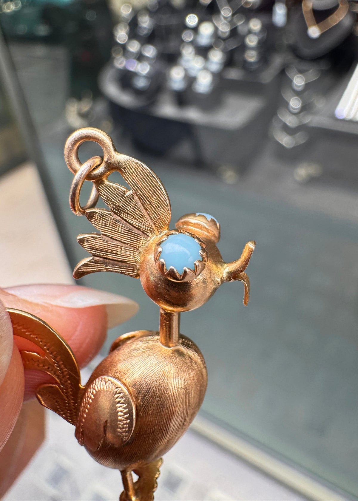 Vintage English Turquoise Cabochon & 18 Carat Yellow Gold Rooster Charm/Pendant