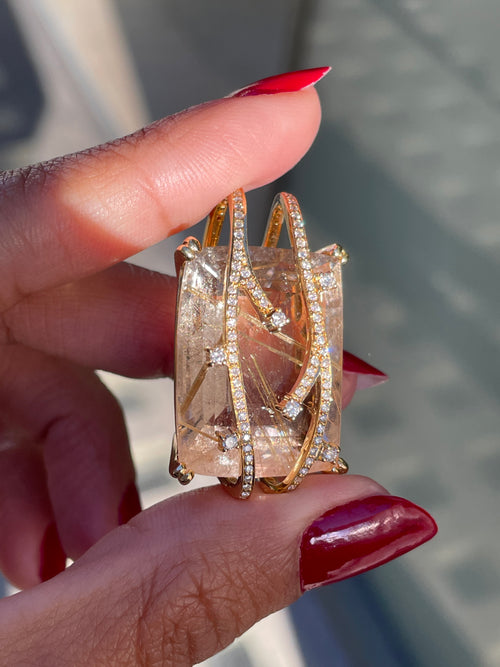 Rutilated Quartz and Diamond 18 Carat Yellow Gold Statement Pendant