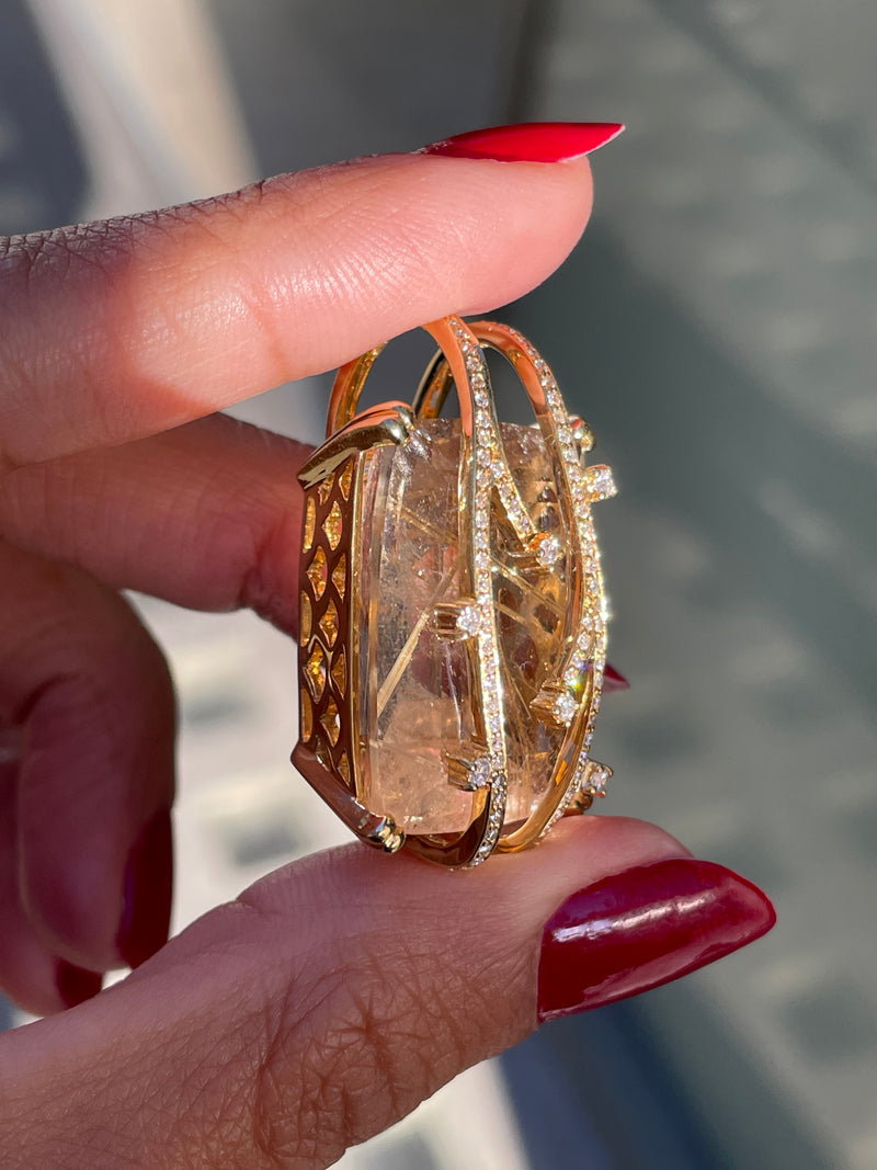 Rutilated Quartz and Diamond 18 Carat Yellow Gold Statement Pendant