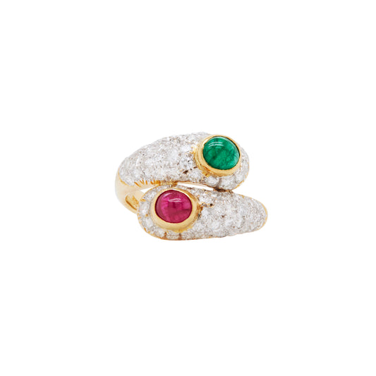Ruby, Emerald and Diamond Toi et Moi Crossover Cocktail Ring in 18K Yellow Gold