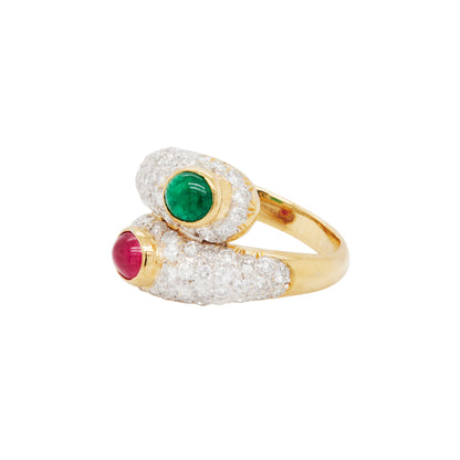 Ruby, Emerald and Diamond Toi et Moi Crossover Cocktail Ring in 18K Yellow Gold