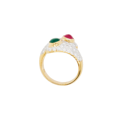 Ruby, Emerald and Diamond Toi et Moi Crossover Cocktail Ring in 18K Yellow Gold