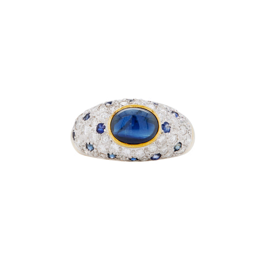 Oval Cabochon Blue Sapphire & Diamond Cluster Dome Dress Ring in 18 Carat Gold