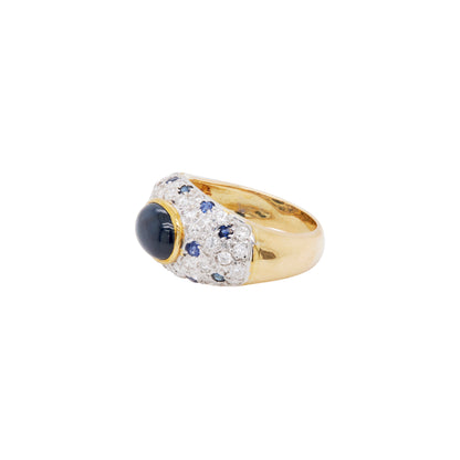 Oval Cabochon Blue Sapphire & Diamond Cluster Dome Dress Ring in 18 Carat Gold