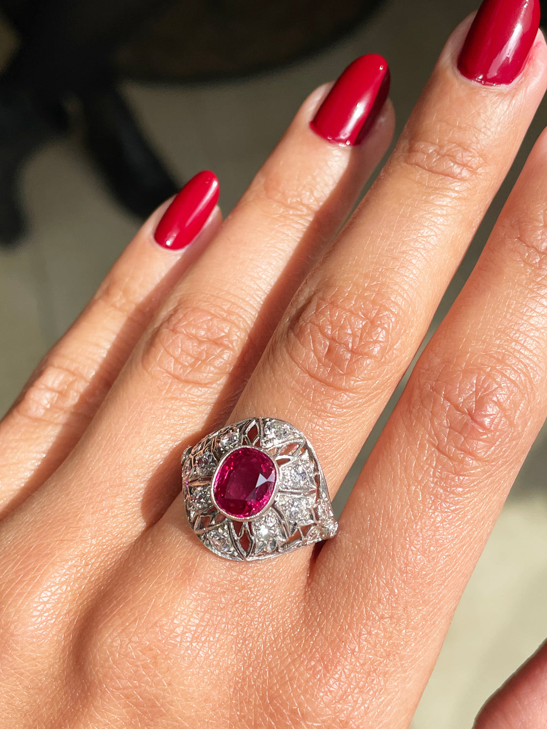 Antique Ruby and Diamond Platinum Dome Cluster Cocktail Ring, Circa 1920s