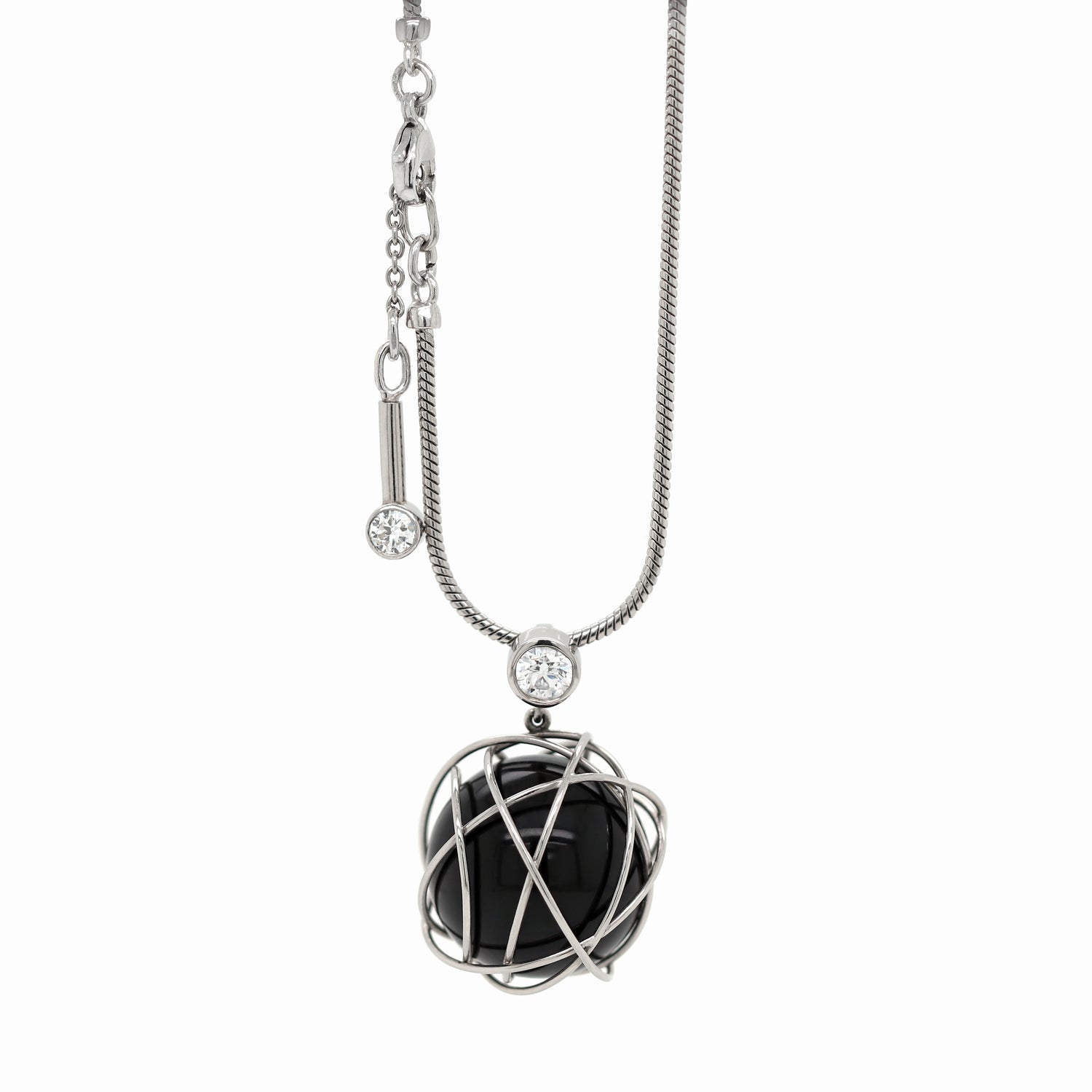 Onyx Sphere and Diamond Platinum Wire Pendant and Chain