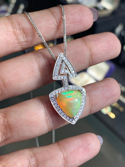 Ethiopian Triangle Cabouchon Opal and Diamond 18 Carat Gold Pendant and Chain