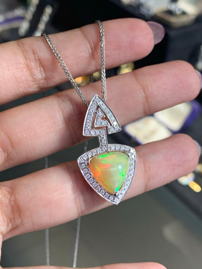 Ethiopian Triangle Cabouchon Opal and Diamond 18 Carat Gold Pendant and Chain