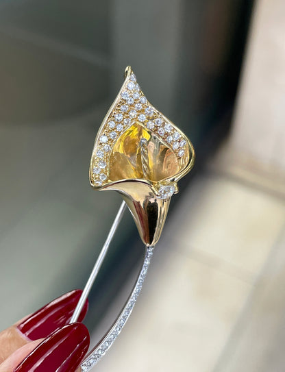 Diamond 18 Carat White and Yellow Gold Calla Lily Brooch