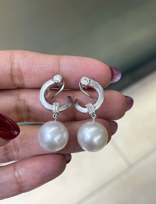 South Sea Pearl and Diamond 18 Carat White Gold Drop Earrings