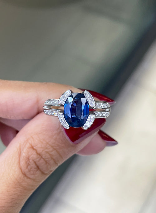 French 2.75 Carat Blue Sapphire and Diamond 18 Carat Gold Engagement Ring