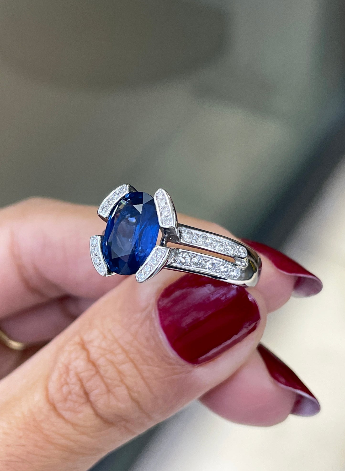 French 2.75 Carat Blue Sapphire and Diamond 18 Carat Gold Engagement Ring