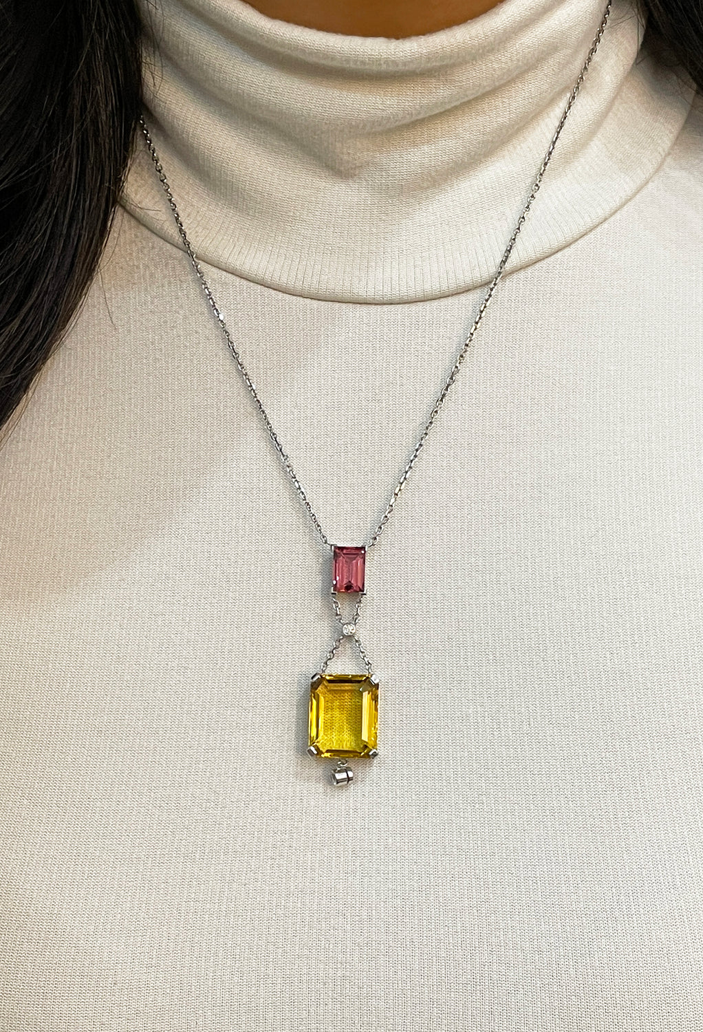 Diamond, Yellow Beryl and Pink Spinel 18 Carat White Gold Pendant Necklace