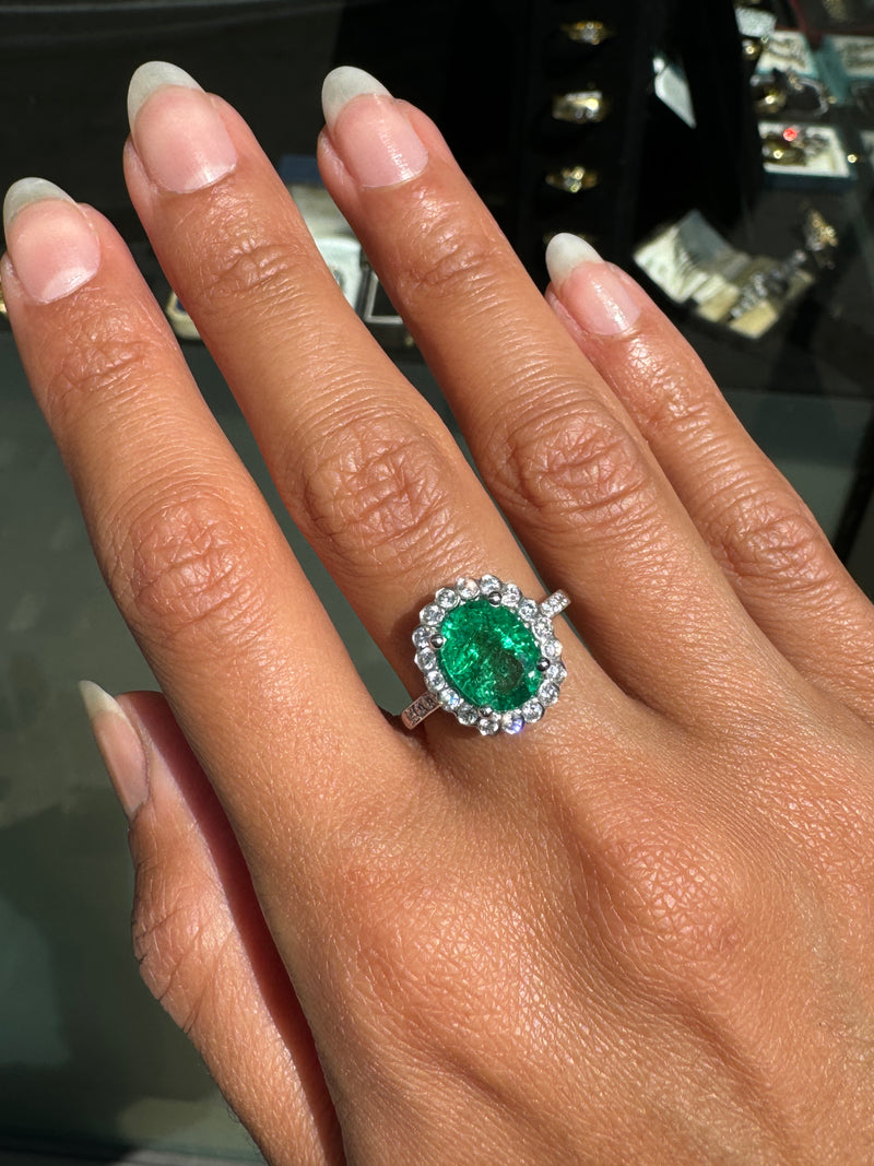 2.39ct Oval Emerald and Diamond Halo 18 Carat White Gold Cluster Engagement Ring