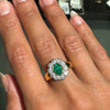 0.84ct Oval Emerald and Diamond Halo 18K Yellow and White Gold Cluster Ring