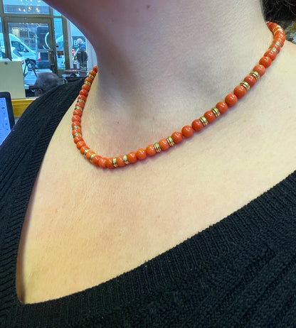 Coral and 18 Carat Yellow Gold Bead Necklace