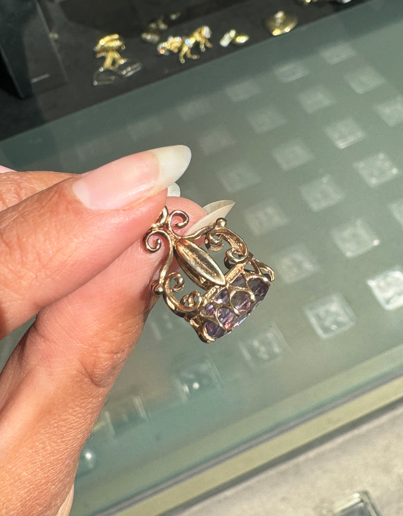 Vintage Oval Amethyst and 9 Carat Rose Gold Open Work Fixed Fob Charm, 1988